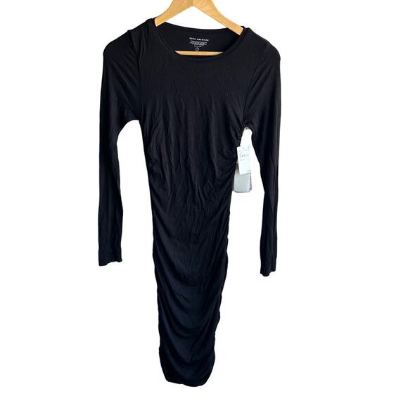 Good American Ruched Midi Dress Womens Size 1 Black Round Neck Long Sleeve NWT - Picture 2 of 8